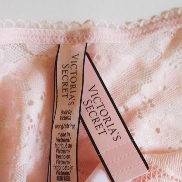 Victoria Secret Body by Victoria Satin Lace Thong Panty Size S Pink White Stripe - Picture 5 of 7